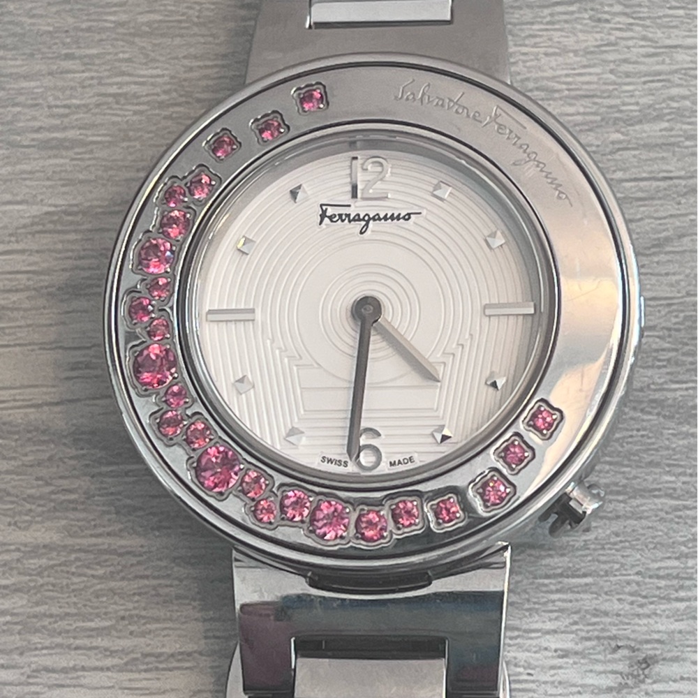 Salvatore Ferragamo Stainless Steel Bracelet Watch with Pink Topaz Crystals